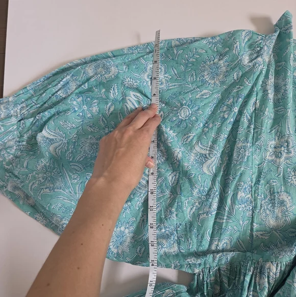 One Summer cotton block print floral balloon sleeve flowy boho mini dress sz L - Picture 9 of 10